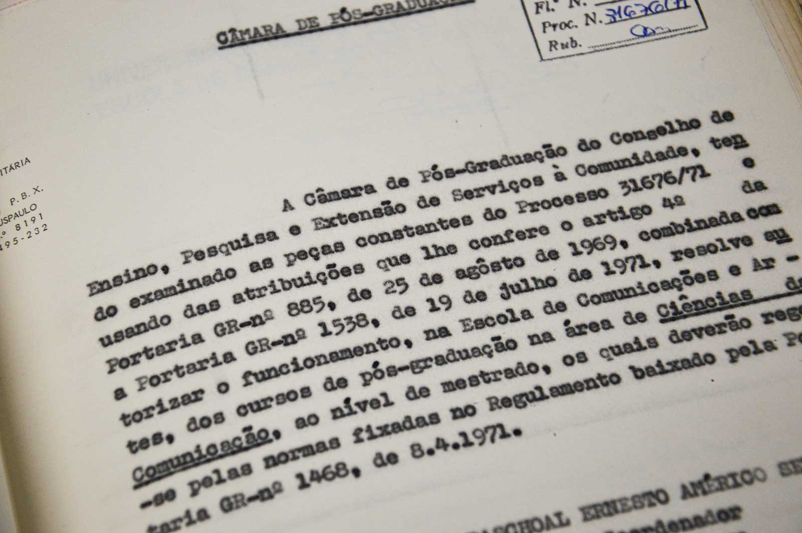 Documento de 1971 autoriza a criação dos cursos de pós-graduação na área de Ciências da Comunicação na ECA