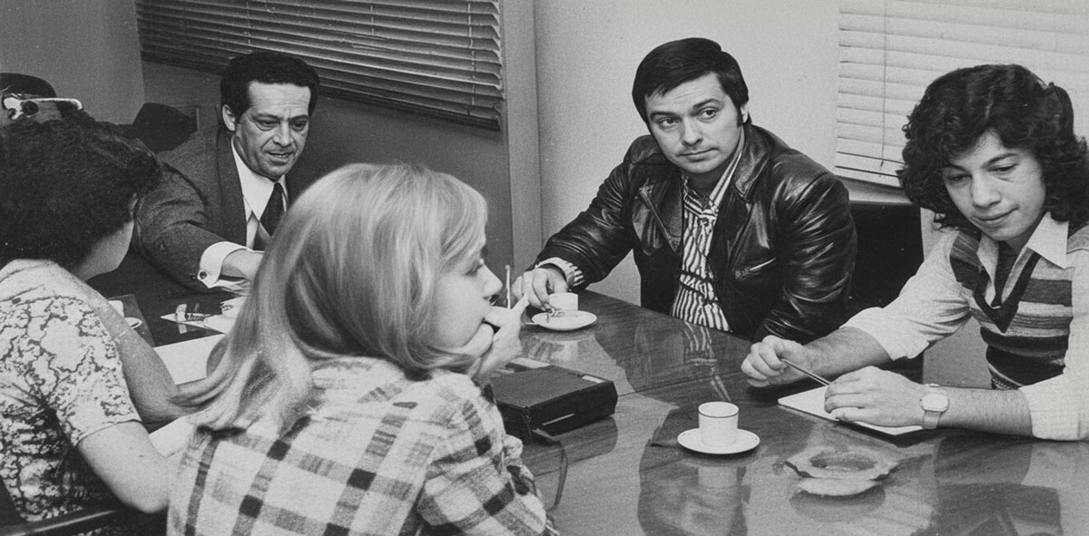 Um mês antes da morte de Vlado Herzog, em setembro de 1975, debatendo estágio no sindicato dos jornalistas. Da esq. para dir., Violeta Marien, Perseu Abramo, Diléa Frate, Rodolfo Konder e Priolli (Foto Jornal Unidade - Reconstituída por IA)