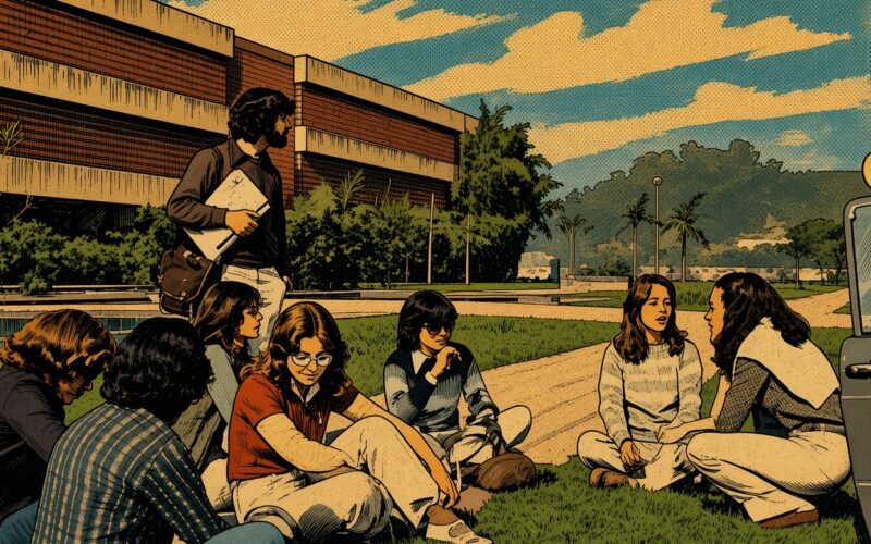 Ilustração feita por IA a partir de foto tirada no gramadão da ECA na década de 1970 Ilustração feita por IA a partir de foto tirada no gramadão da ECA na década de 1970