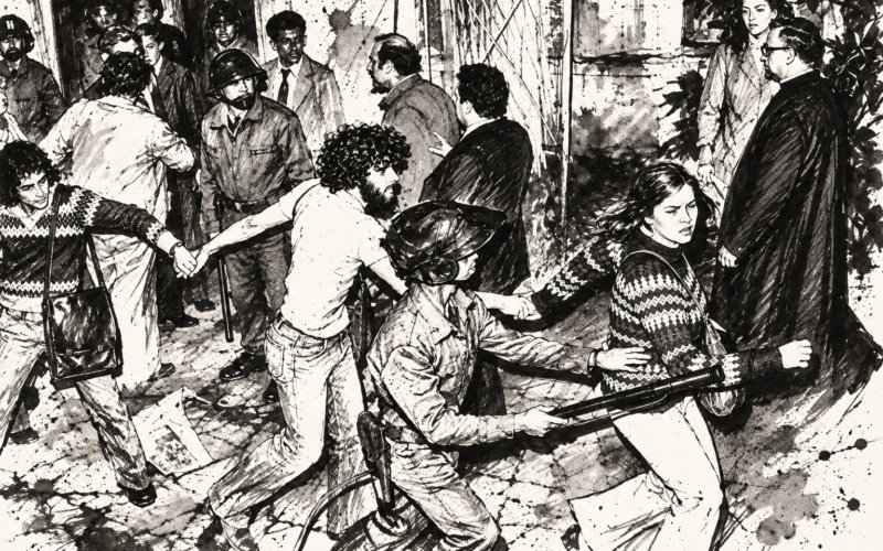 Ilustração IA crônica Tejem presos_Fernanda Pompeu_1790025948451 Ilustração feita por IA com base em foto de Antônio Lúcio/Estadão, retratando estudantes detidos na Pontifícia Universidade Católica de São Paulo, em 22/09/1977, quando policiais usaram cacetetes e jogaram bombas de efeito moral para prender alunos que participavam do 3º Encontro Nacional de Estudantes na PUC