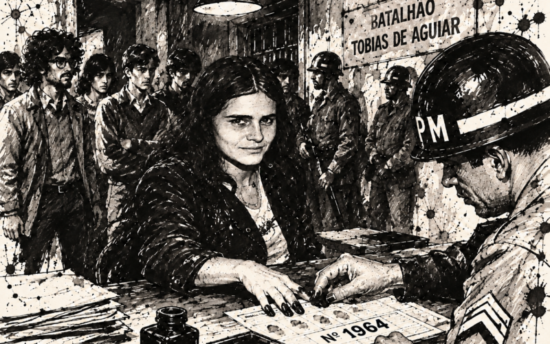 Ilustração crônica Tejem presos_Fernanda Pompeu_1790031750559 Ilustração feita por IA com base em foto de Fernanda Pompeu na década de 1970, retratando o momento que foi fichada no DOPS