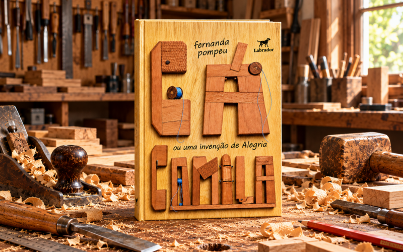A capa do livro foi criada a partir de peça em madeira A capa do livro foi criada a partir de peça em madeira